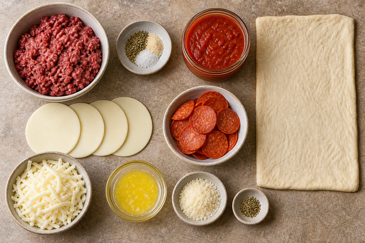 Ground beef, pizza sauce, pizza dough, four provolone slices, pepperoni, mozzarella, butter, Parmesan, and oregano