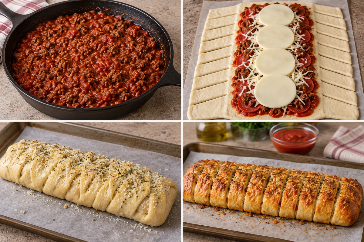 Four stages showing saucy beef, loaded pizza dough, a braided loaf, and sliced golden pizza bread