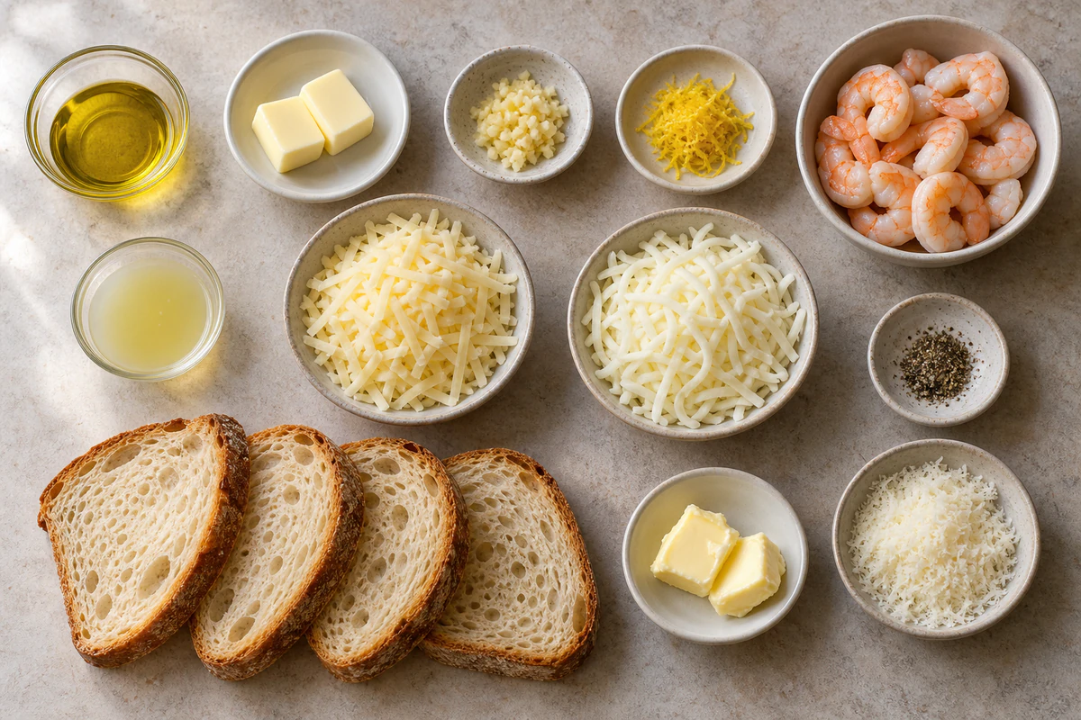 Sourdough, cooked shrimp, lemon, garlic, butter, olive oil, Gruyere, mozzarella, Parmesan, and black pepper for two grilled cheese sandwiches