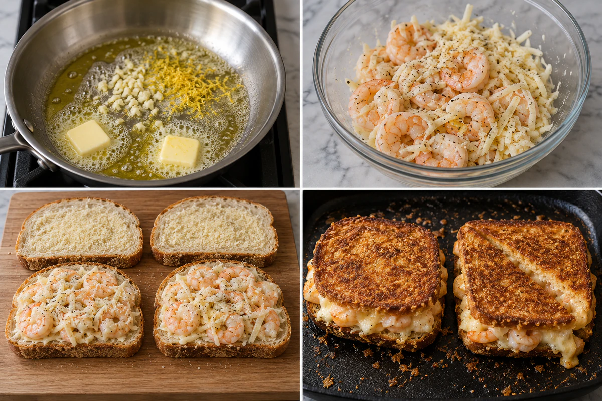 Four stages showing garlic butter, lemon shrimp, sandwich assembly, and two golden shrimp grilled cheese sandwiches