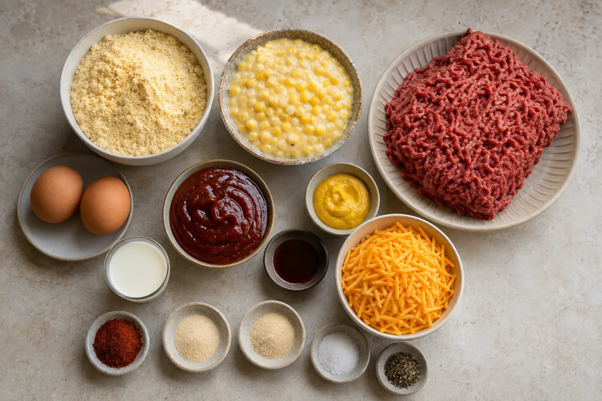 Ingredients for BBQ beef cornbread casserole with corn muffin mix, creamed corn, eggs, milk, ground beef, barbecue sauce, mustard, Worcestershire, spices, and cheddar