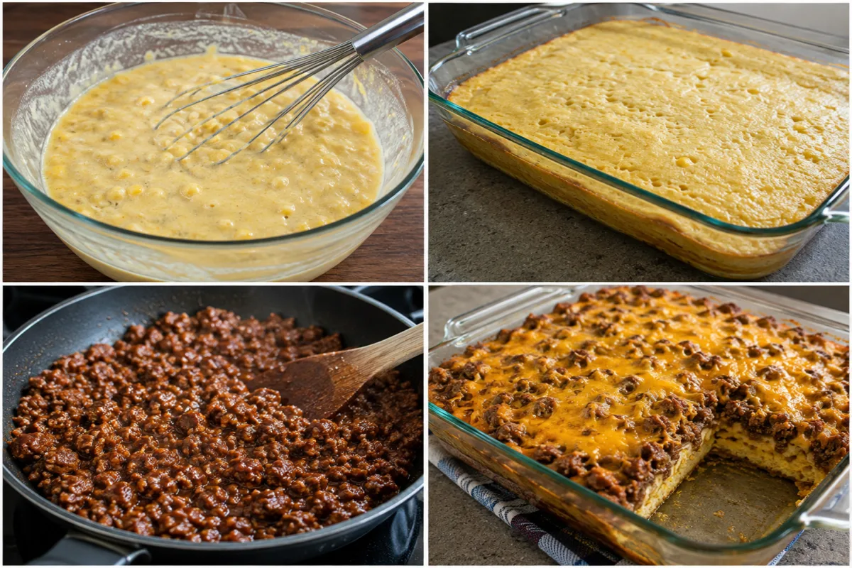 Four stages showing creamed corn batter mixed, cornbread partially baked, seasoned barbecue beef cooked, and casserole finished with melted cheddar