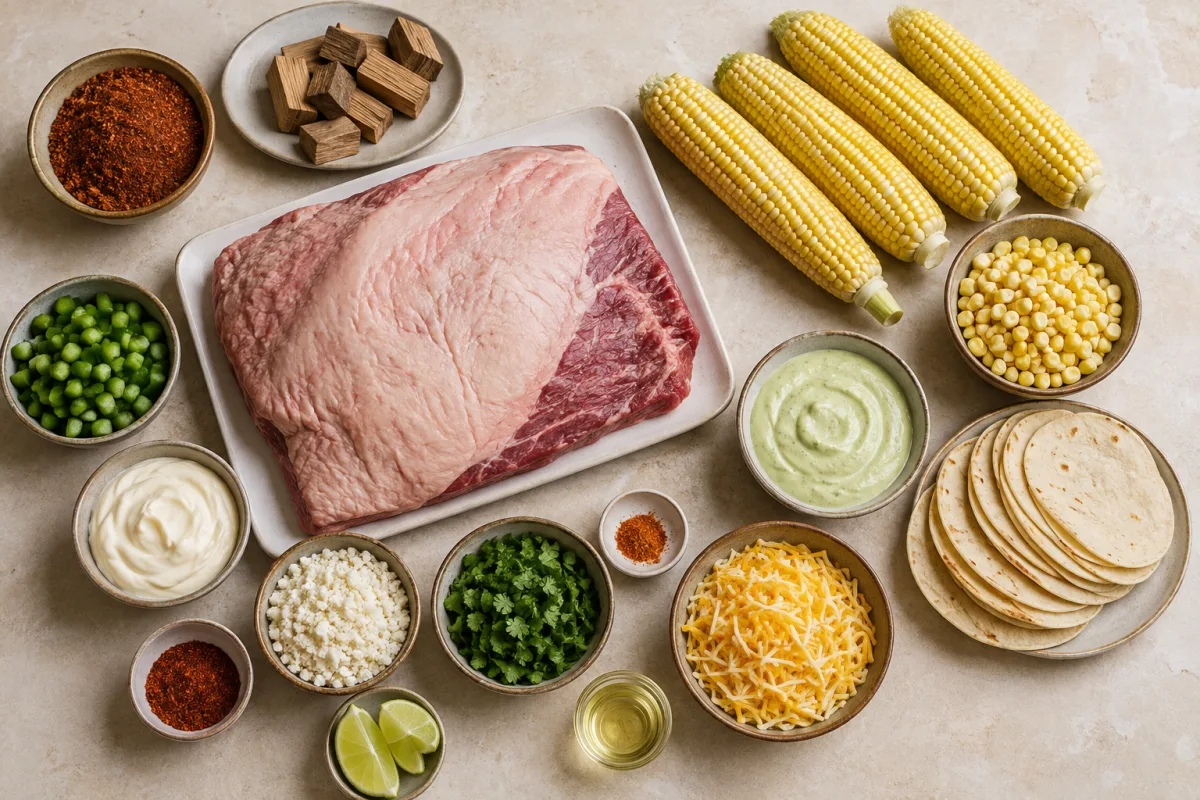 Ingredients for BBQ brisket elote tacos with brisket, barbecue rub, hardwood, corn, bell pepper, mayonnaise, cotija, chili, lime, cilantro, tortillas, cheese, and avocado crema