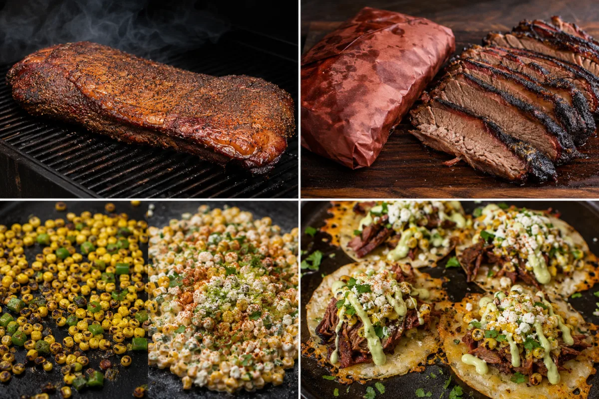Four stages showing brisket smoking, wrapped brisket rested and sliced, corn and pepper charred into elote, and brisket tacos crisped and topped