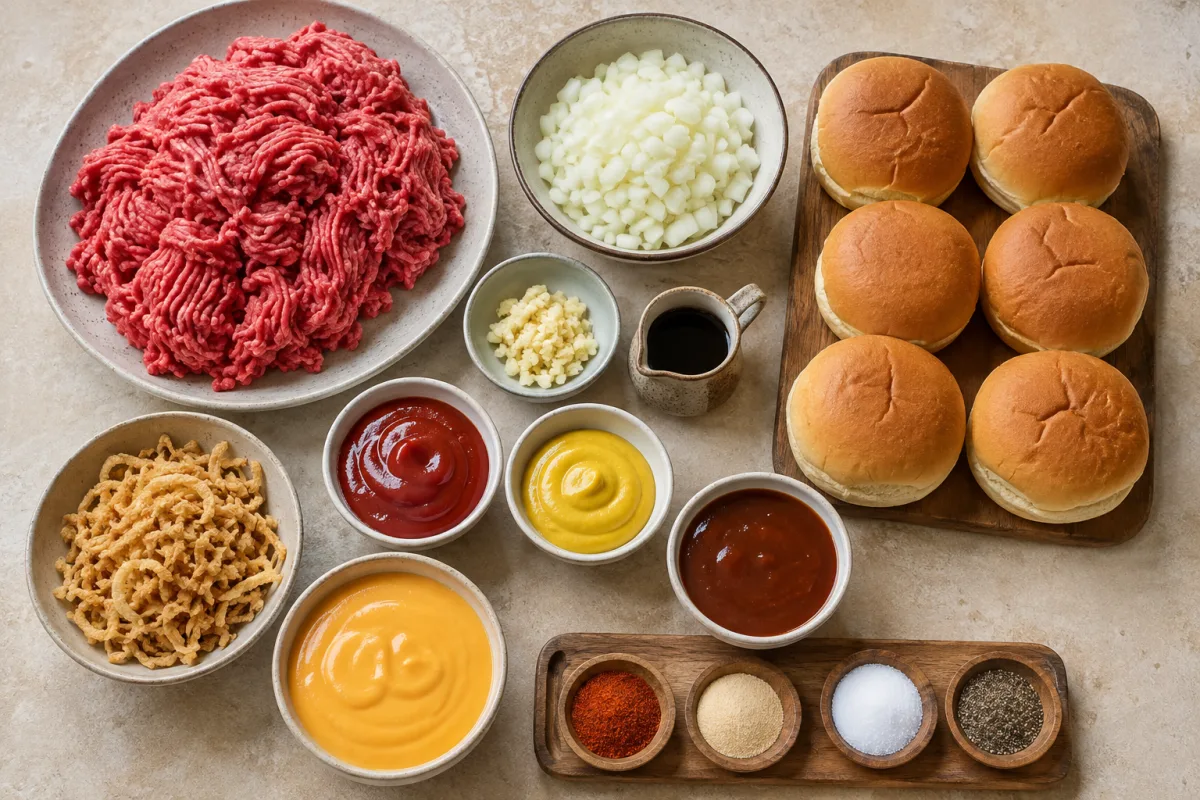 Ingredients for beef and cheddar sloppy joes with ground beef, onion, garlic, sauces, onion buns, crispy onions, nacho cheese, and seasonings