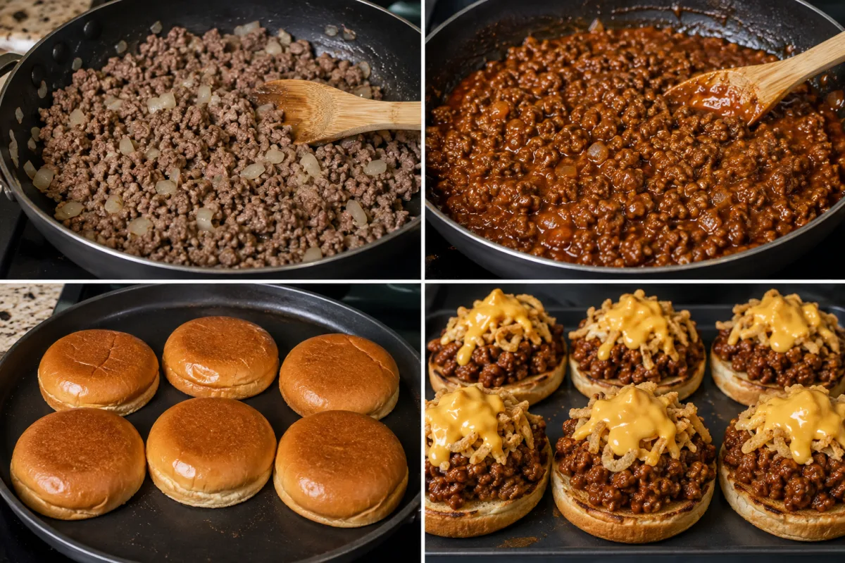 Four stages showing beef and onion browned, tangy sauce simmered into the meat, onion buns toasted, and sloppy joes assembled with crispy onions and cheese