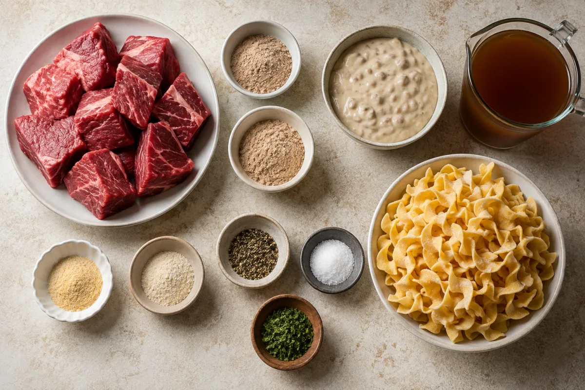 Ingredients for Crockpot Beef and Noodles with chuck roast, beef gravy mix, cream of mushroom soup, beef broth, egg noodles, seasonings, and parsley