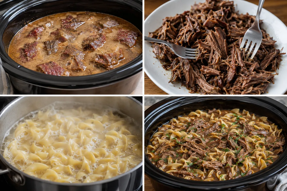 Four stages showing seasoned chuck roast in gravy in a slow cooker, tender beef shredded with forks, egg noodles boiling separately, and finished beef and noodles in rich gravy