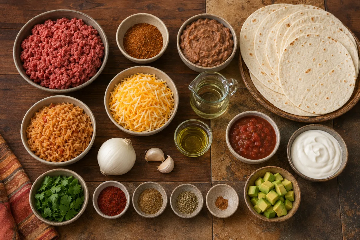 Ingredients for beef and bean burritos and Chimayo red chile sauce with beef, beans, tortillas, rice, cheese, chile powder, broth, onion, garlic, cumin, oregano, and cinnamon