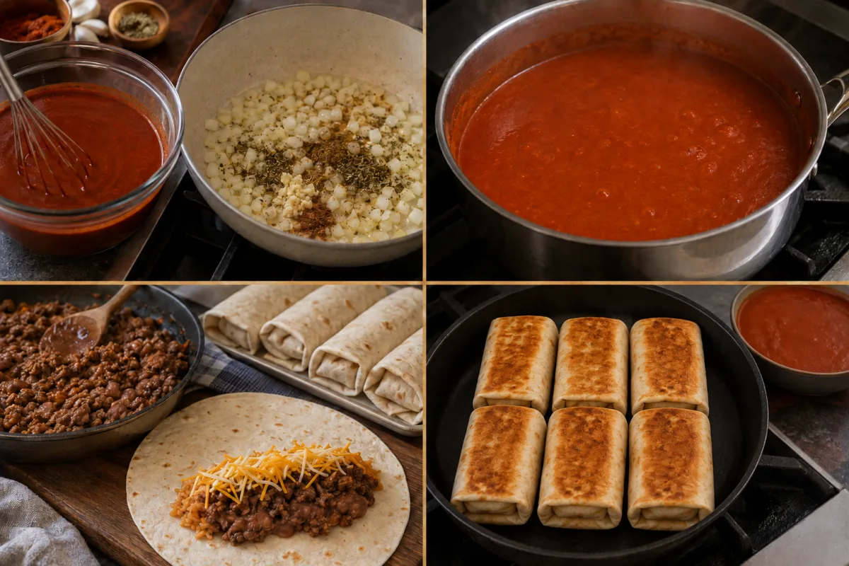 Four stages showing Chimayo chile mixed with broth and aromatics, red sauce simmering, beef and bean burritos assembled, and six burritos pan-fried golden
