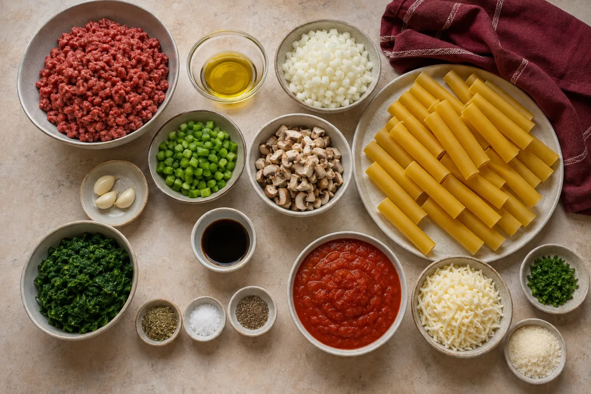 Ingredients for beef spinach cannelloni with pasta tubes, ground beef, vegetables, spinach, marinara, mozzarella, Parmesan, and herbs