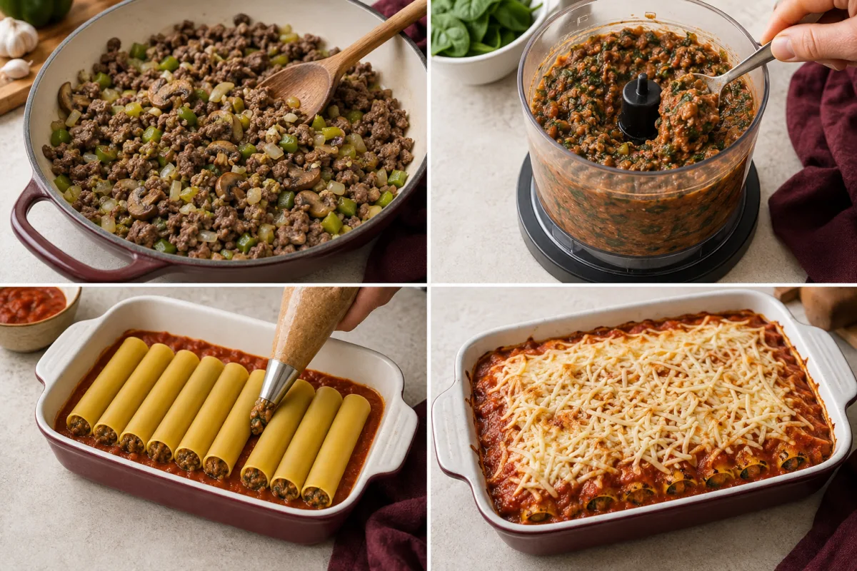 Four stages showing beef and vegetables cooked, spinach filling processed, cannelloni piped, and pasta covered with marinara and cheese