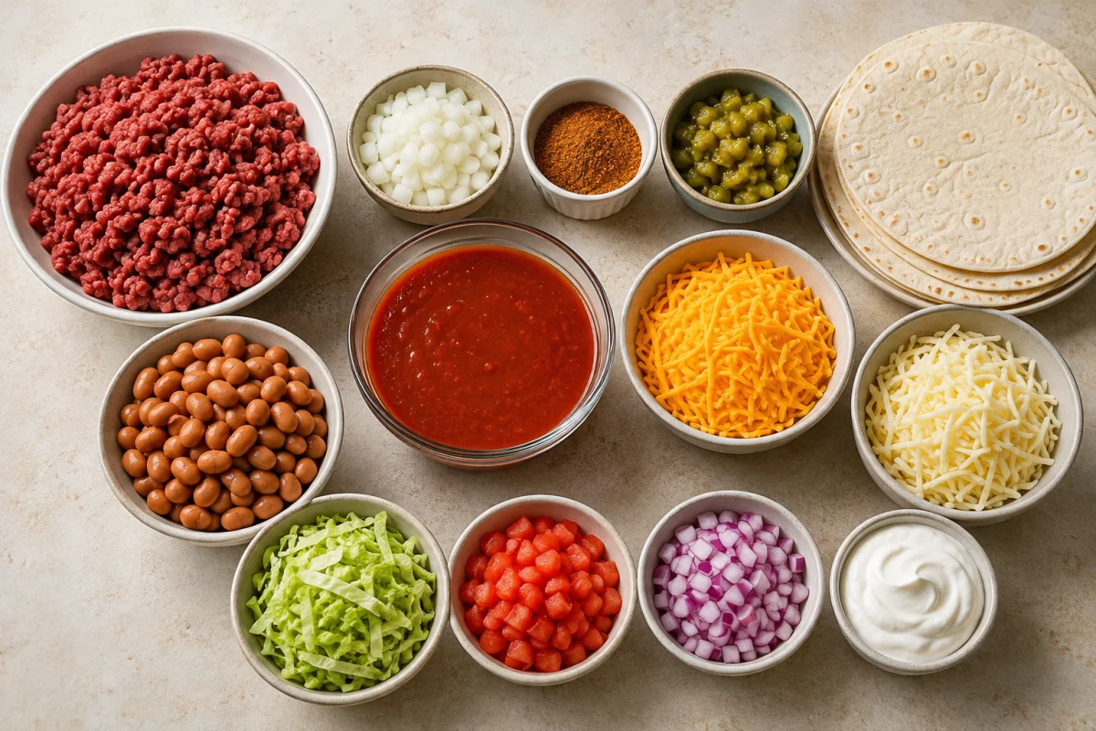 Ingredients for beef enchilada casserole including ground beef, onion, taco seasoning, green chiles, tortillas, enchilada sauce, pinto beans, cheddar, and Monterey Jack