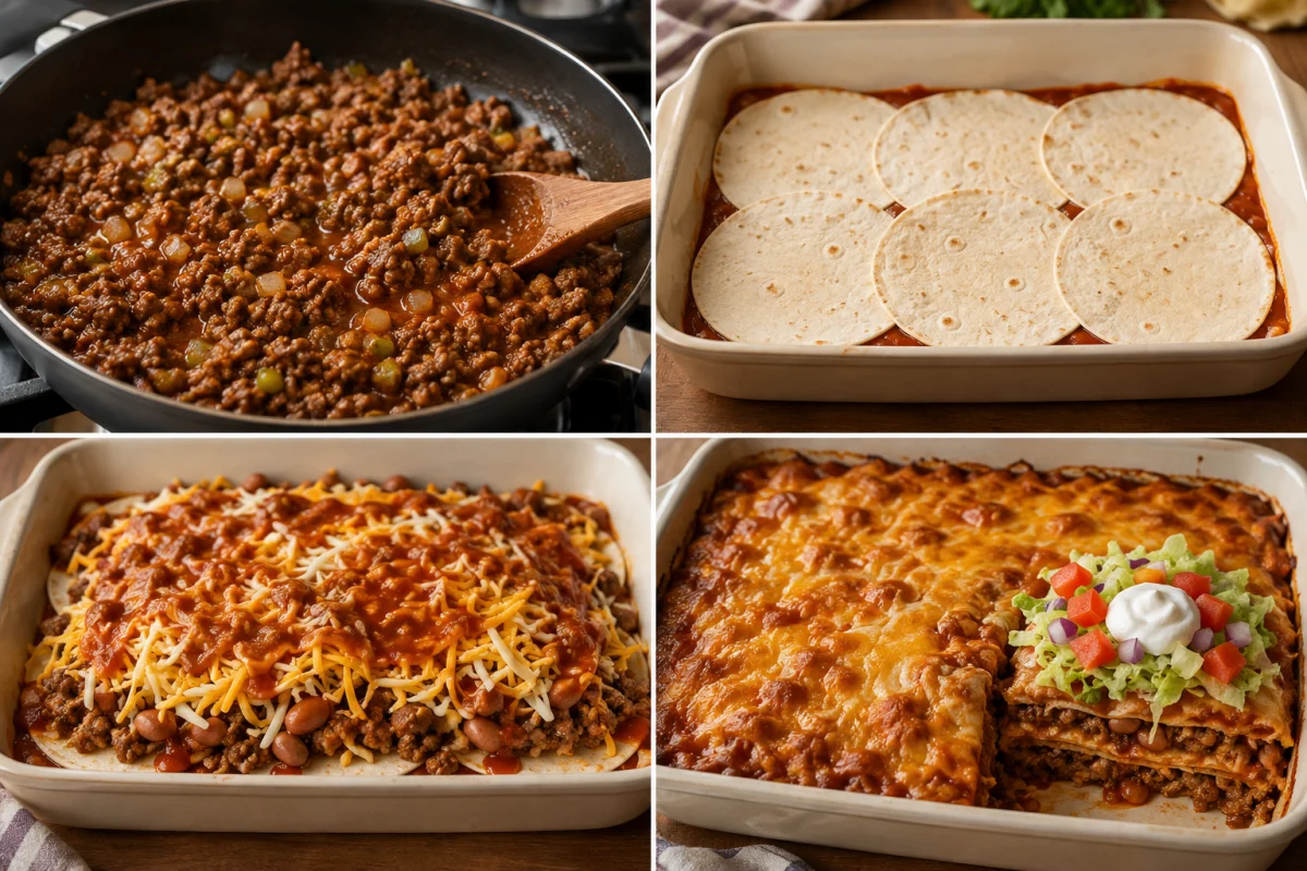 Four stages showing seasoned ground beef cooked, tortillas layered with beef beans sauce and cheese, casserole covered for baking, and finished beef enchilada casserole sliced