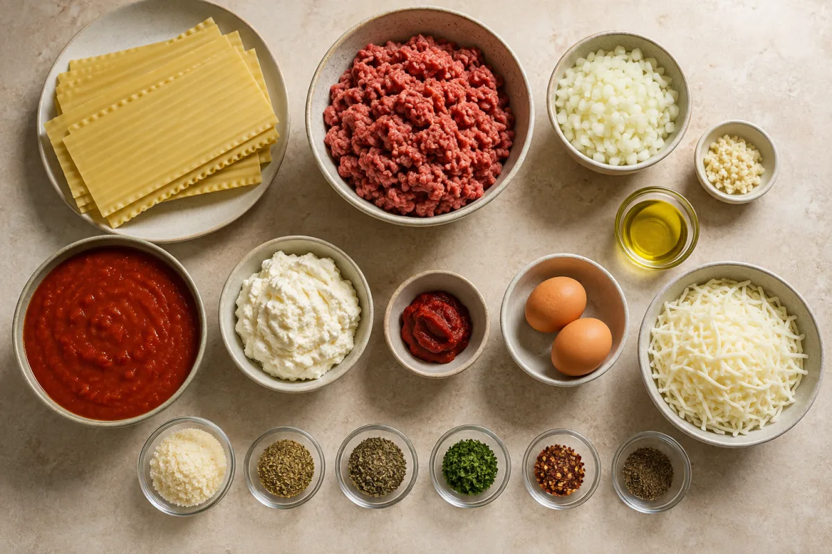 Ingredients for Crockpot Lasagna with dry lasagna noodles, ground beef, onion, garlic, marinara, tomato paste, ricotta, eggs, Parmesan, mozzarella, olive oil, and herbs