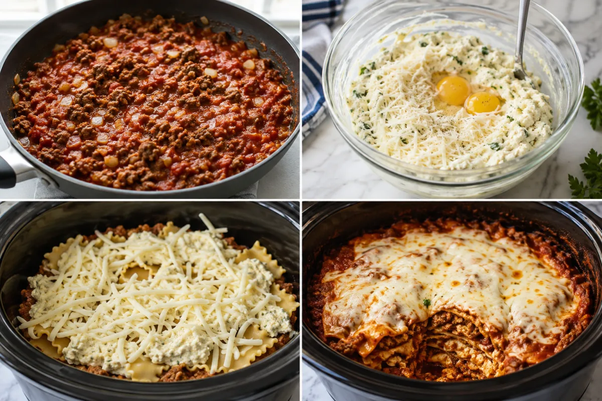 Four stages showing meat marinara cooked, ricotta Parmesan mixture, lasagna layered inside a slow cooker, and cooked Crockpot Lasagna with melted mozzarella