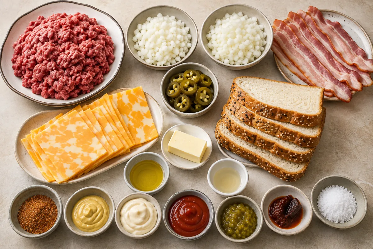 Ingredients for spicy patty melts with ground chuck, onions, jalapenos, bacon, Texas toast, pepper Colby Jack, butter, oil, beef rub, mustard, mayonnaise, ketchup, relish, chipotle, vinegar, and salt