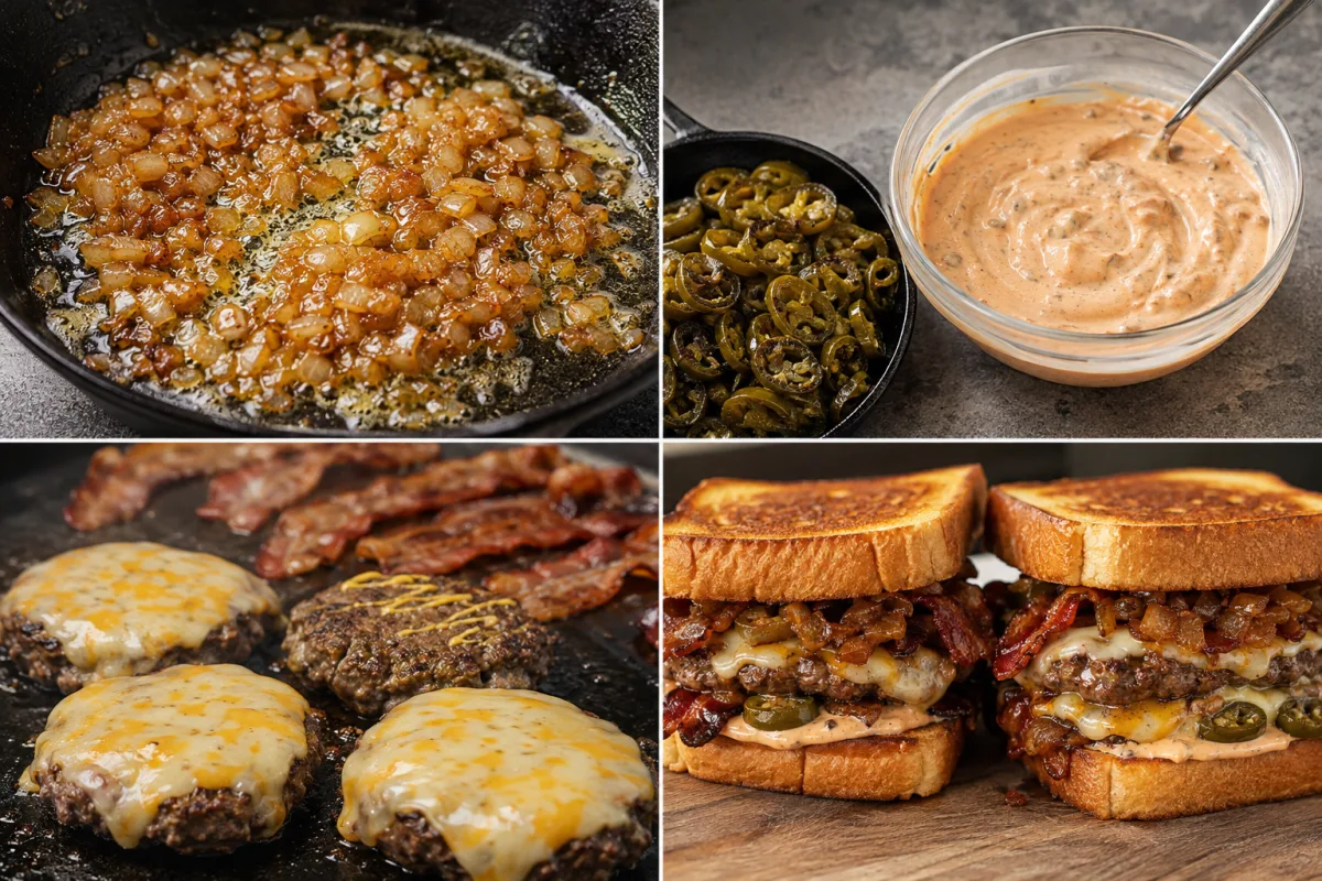 Four stages showing onions caramelized, jalapenos sauteed and chipotle spread mixed, patties and bacon griddled with cheese, and spicy patty melts assembled on toast