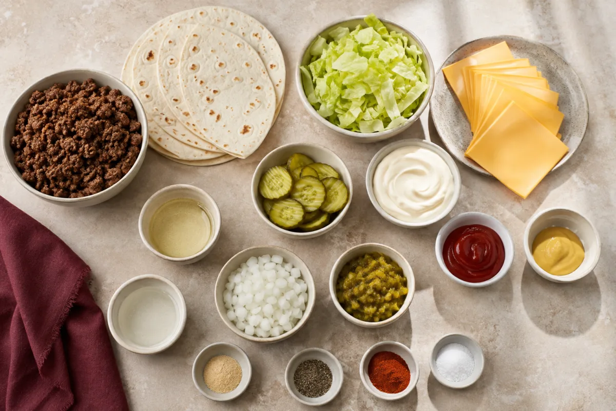 Ingredients for Big Mac tacos with ground beef, small tortillas, cheddar, lettuce, pickles, mayonnaise, ketchup, mustard, onion, relish, vinegar, and spices