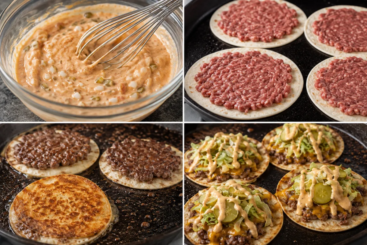 Four stages showing beef pressed onto tortillas, tacos cooking beef-side down, cheddar melting on the cooked beef, and finished burger tacos with lettuce, pickles, and sauce
