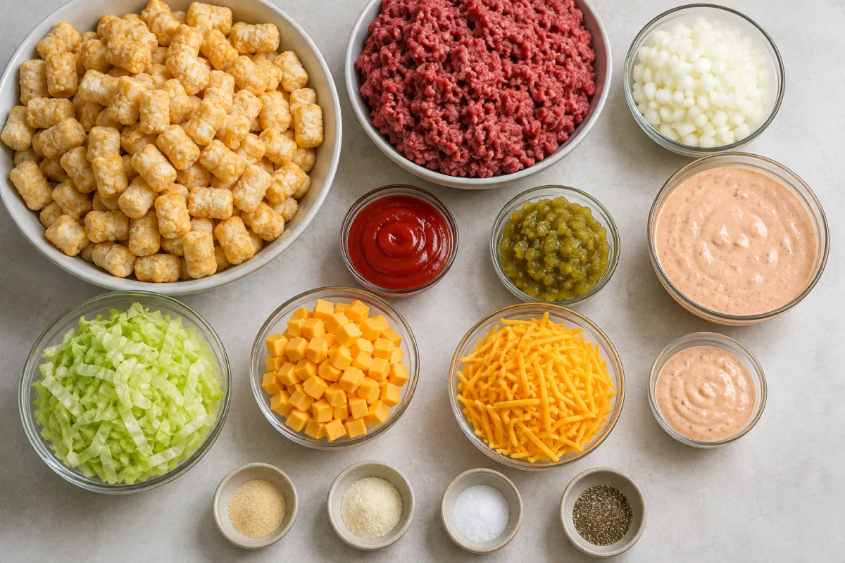 Ingredients for Big Mac tater tot casserole with ground beef, frozen tater tots, onion, Thousand Island dressing, ketchup, dill relish, Velveeta, cheddar, lettuce, and seasonings