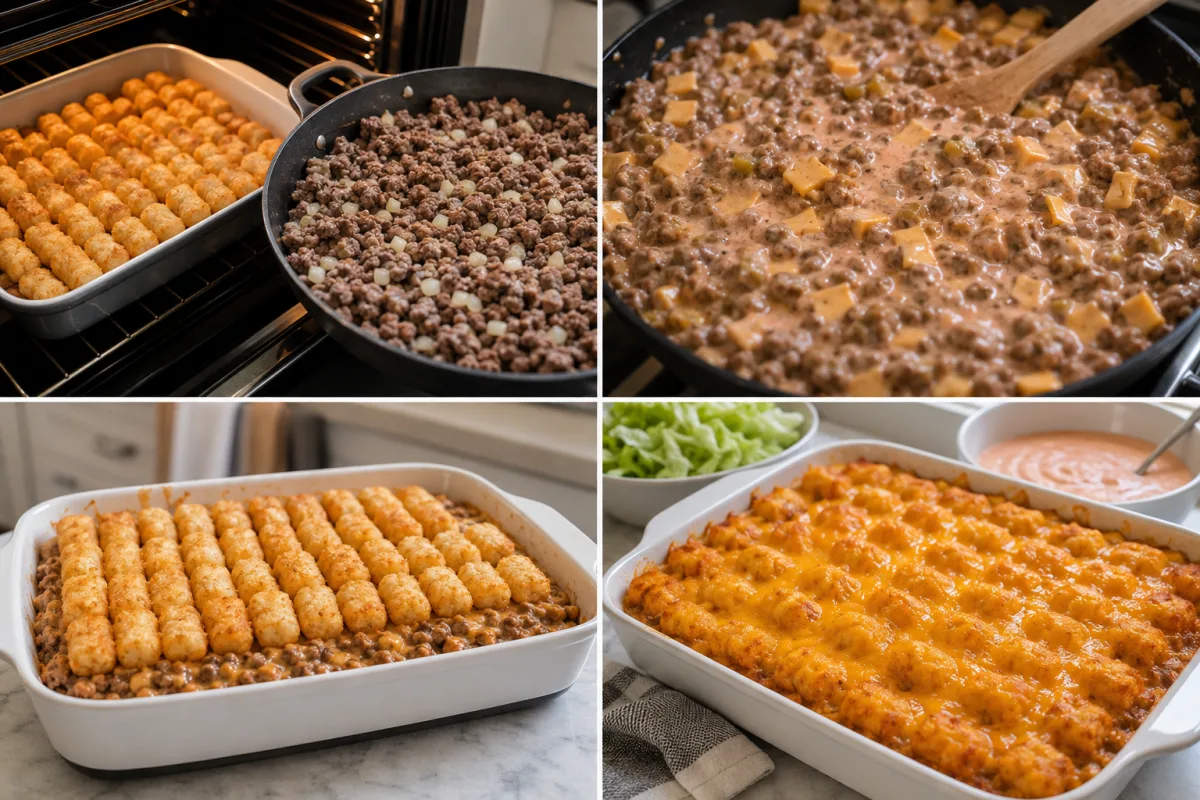 Four stages showing ground beef and onion cooking, burger sauce and Velveeta mixed into the beef, tater tots arranged over the filling, and baked casserole topped with cheddar and lettuce