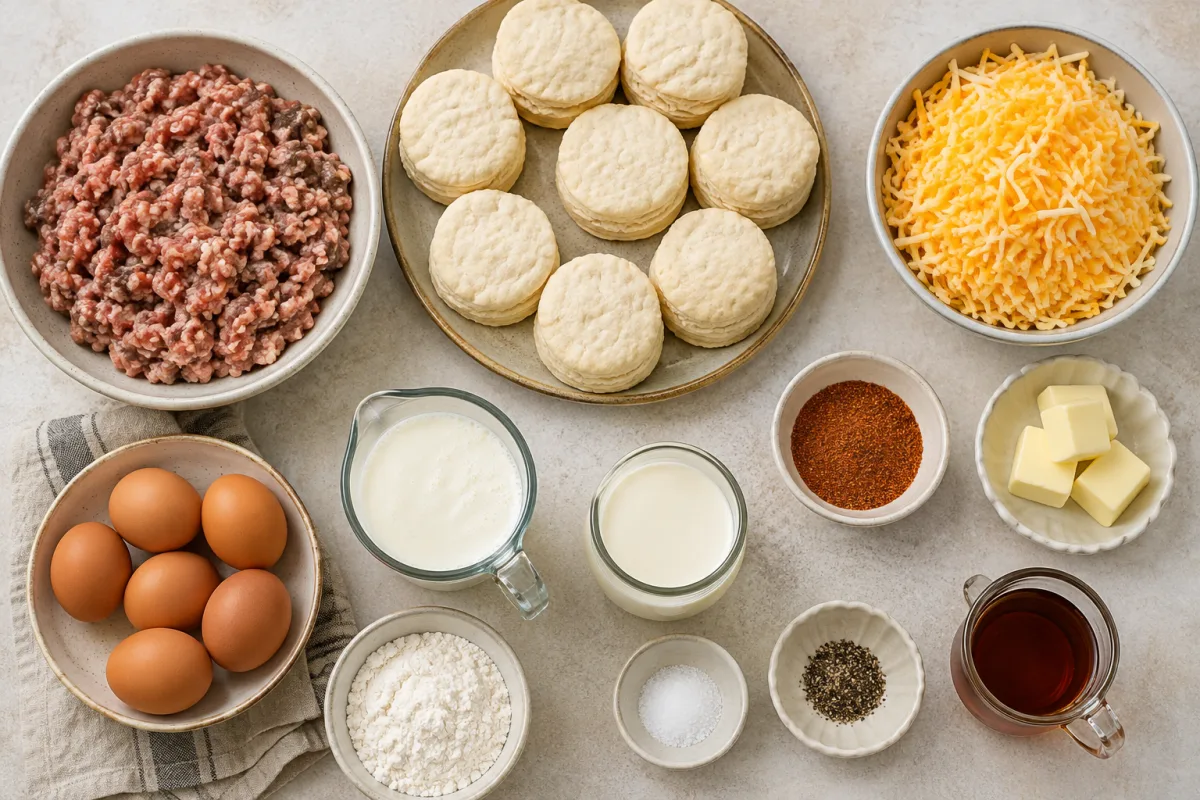 Ingredients for biscuits and gravy casserole with pork sausage, biscuits, eggs, cheese, butter, flour, milk, half and half, Cajun seasoning, salt, pepper, and maple syrup