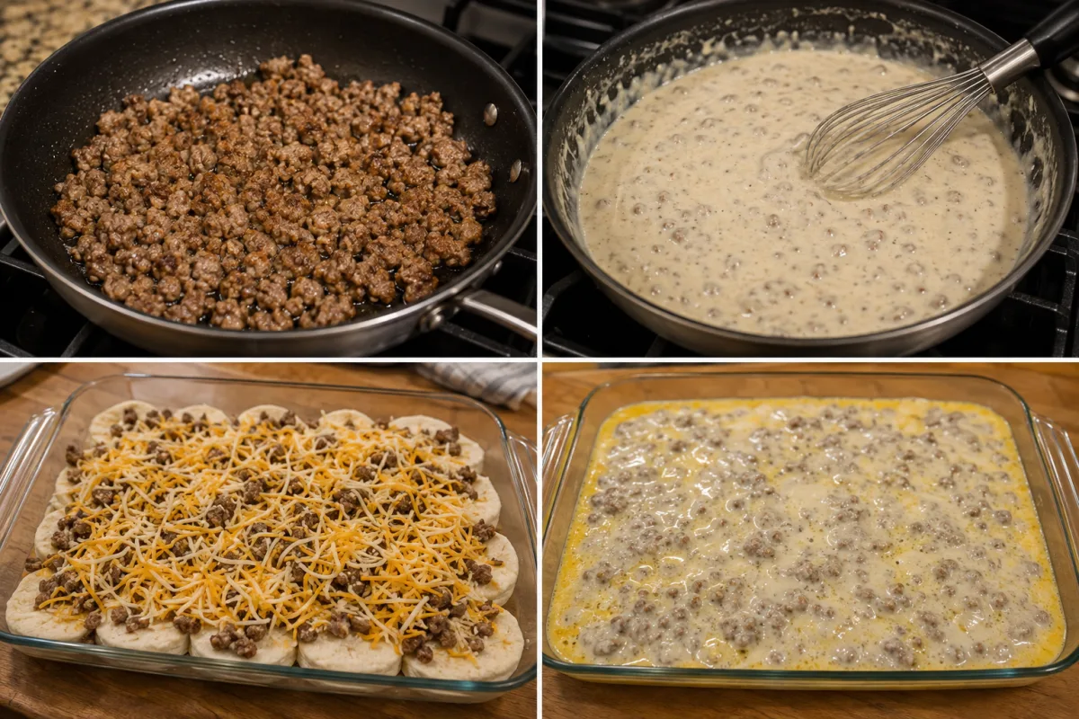 Four stages showing sausage browned, creamy gravy whisked, biscuits layered with sausage and cheese, and egg mixture and gravy added before baking
