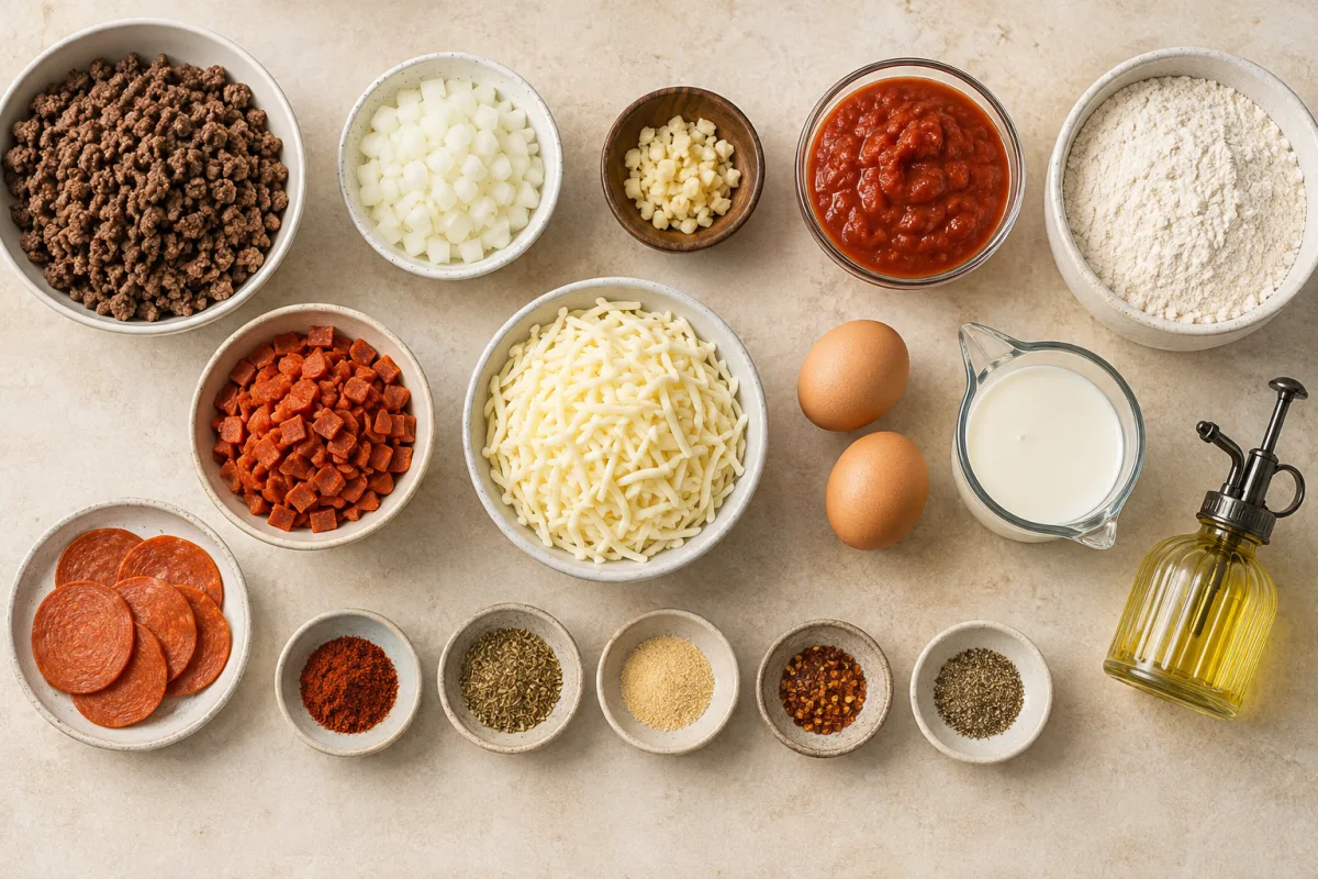 Ingredients for impossible pizza pie with beef, onion, pepperoni, marinara, mozzarella, baking mix, eggs, milk, seasonings, garlic, and cooking oil