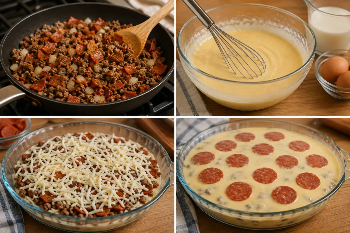 Four stages showing beef onion and pepperoni cooked, baking mix batter whisked, meat and mozzarella layered in a pie dish, and batter poured over before baking