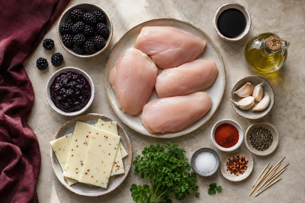 Ingredients for blackberry pepper jack chicken with chicken breasts, pepper jack, blackberry preserves, balsamic vinegar, garlic, olive oil, spices, parsley, and toothpicks