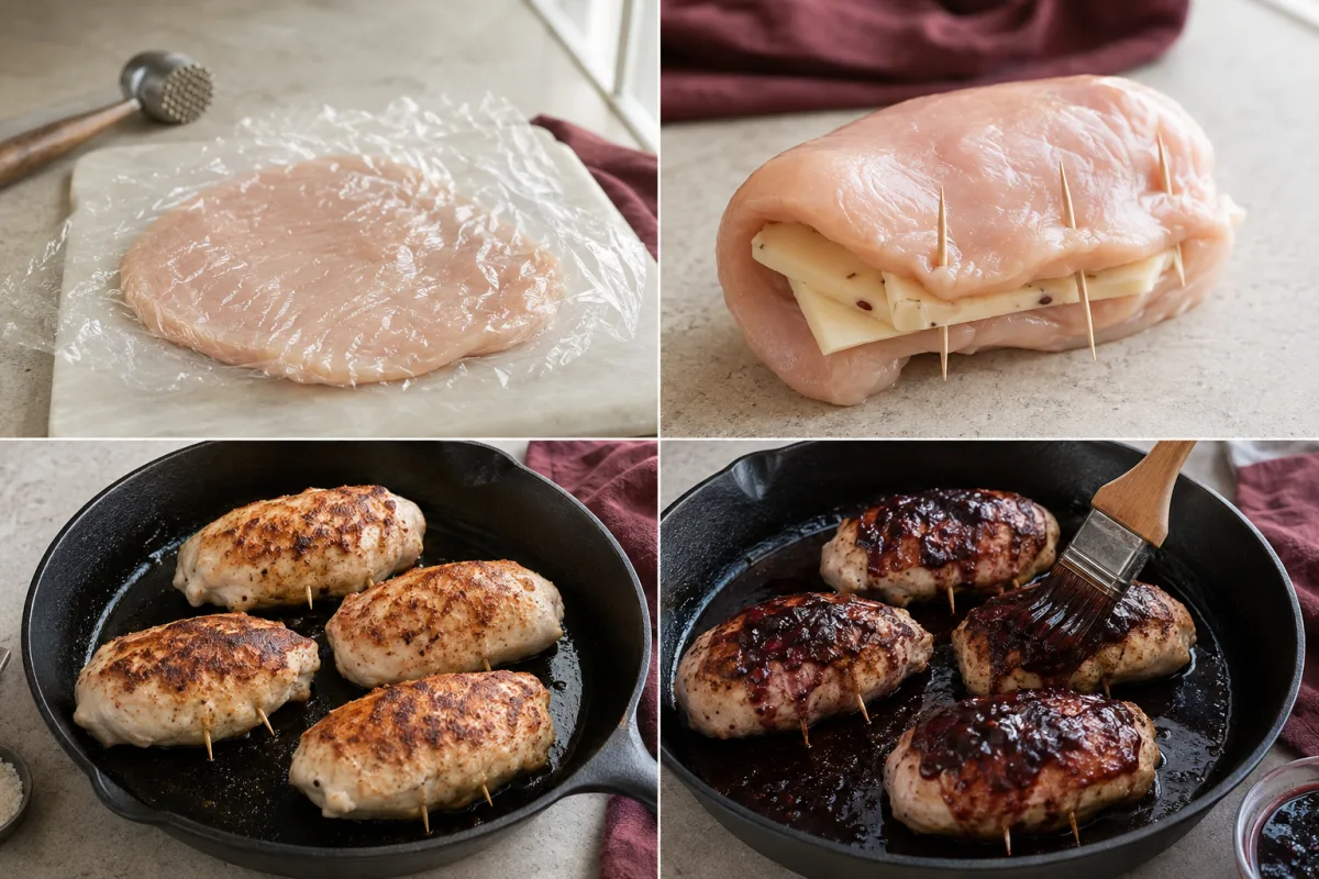Four stages showing chicken pounded thin, filled only with pepper jack and secured, browned in a skillet, and brushed with blackberry balsamic glaze