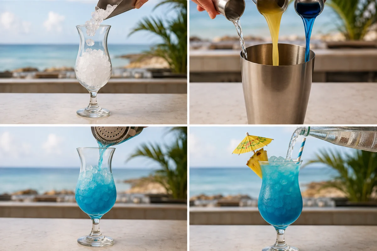 Four stages showing a hurricane glass filled with crushed ice, blue cocktail ingredients shaken, strained into the glass, and topped with soda
