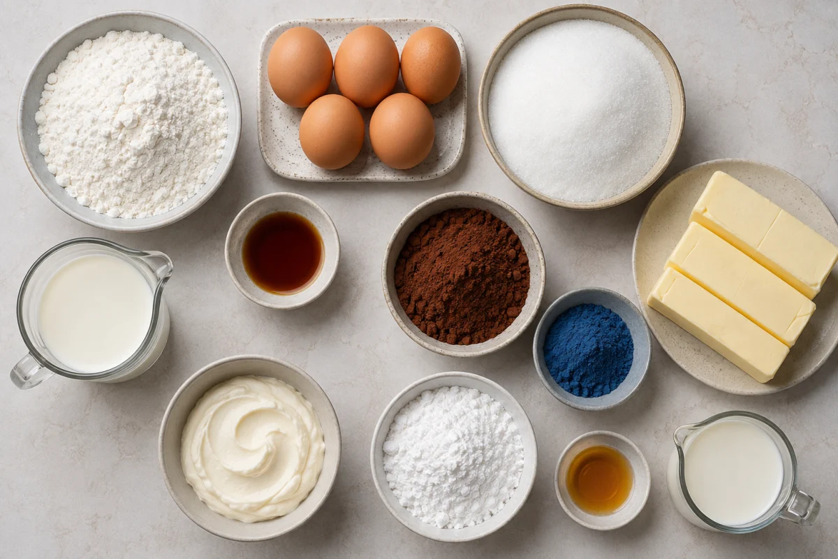 Ingredients for blue swirl pound cake including cake flour, eggs, sugar, butter, vanilla, cream, cocoa, butterfly pea powder, and glaze ingredients