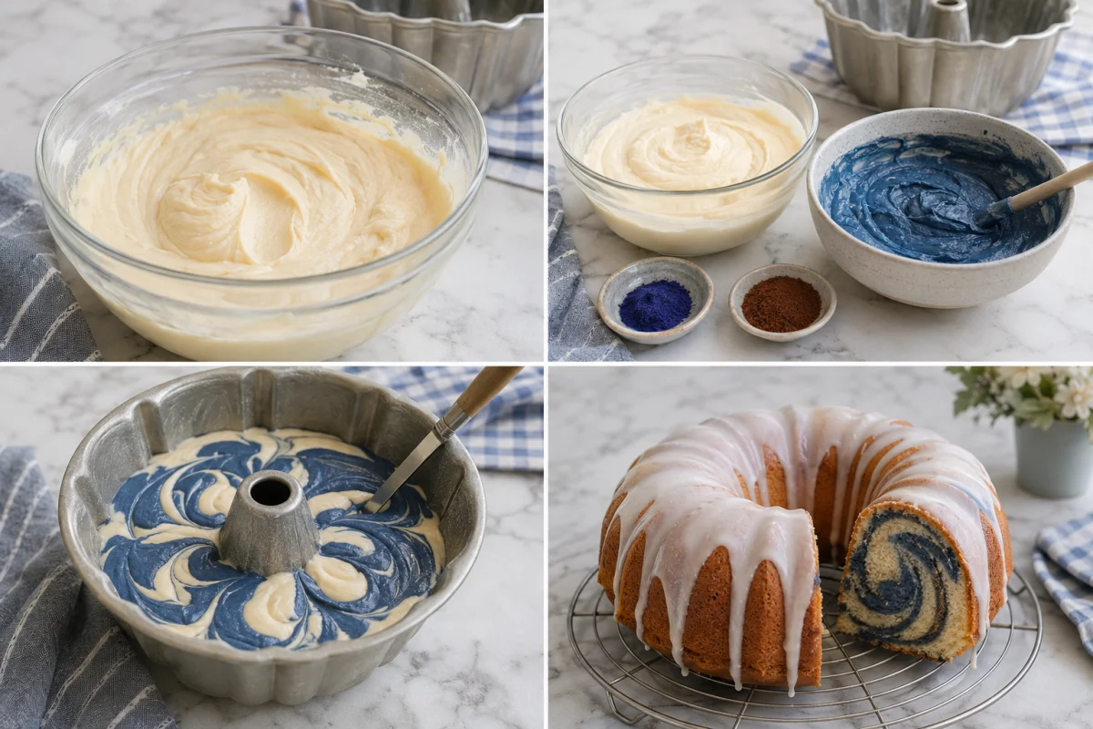 Four stages showing vanilla pound cake batter, blue batter mixed separately, batters swirled in a Bundt pan, and glazed blue swirl cake sliced