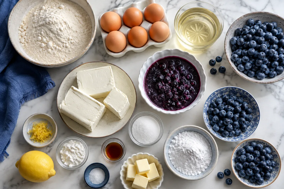 Ingredients for blueberry cheesecake cake with cake mix, eggs, oil, blueberries, cream cheese, butter, sugar, cornstarch, vanilla, salt, and lemon