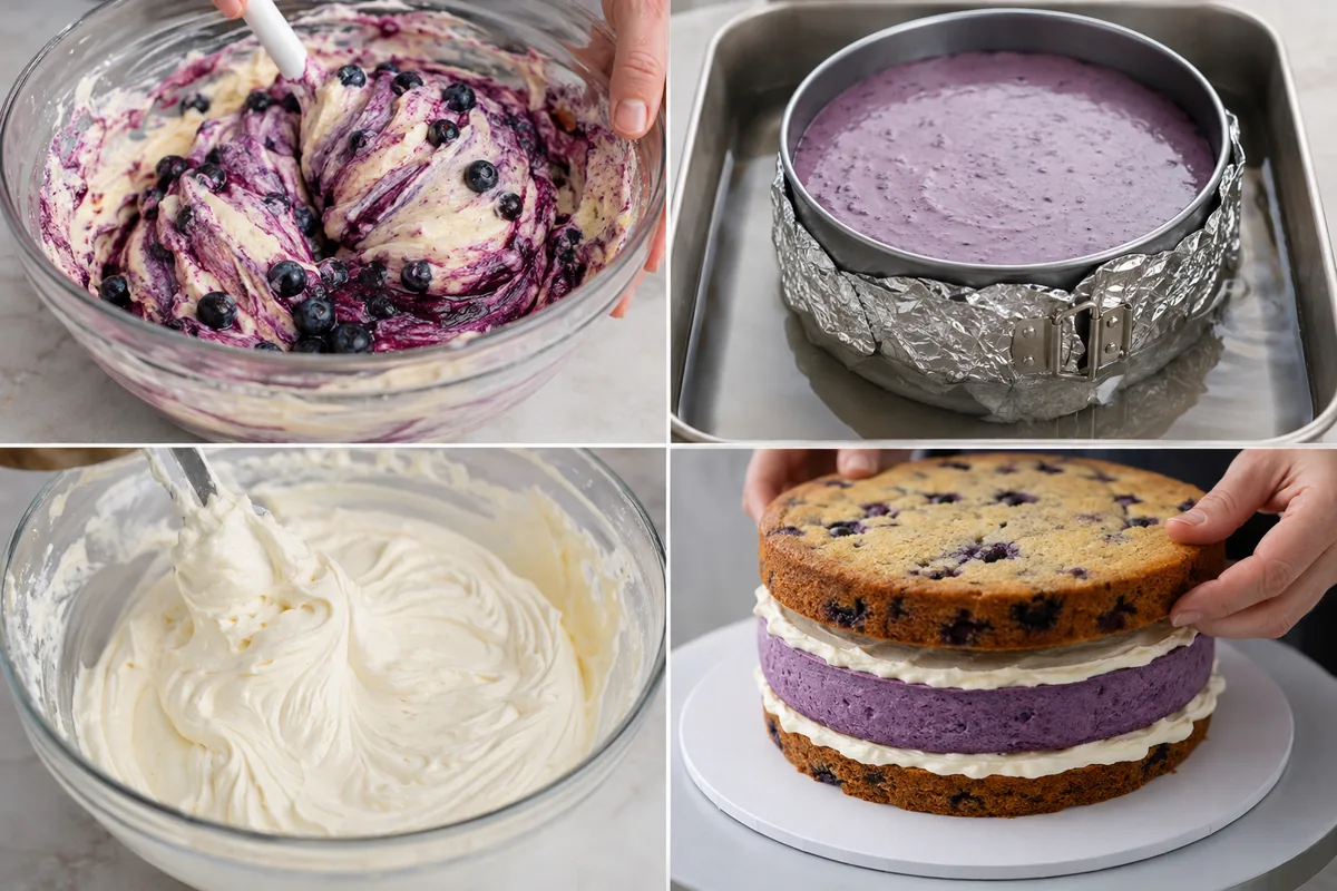 Four stages for blueberry cheesecake cake: mixing blueberry cake batter, baking cheesecake in a water bath, making buttercream, and stacking the layers