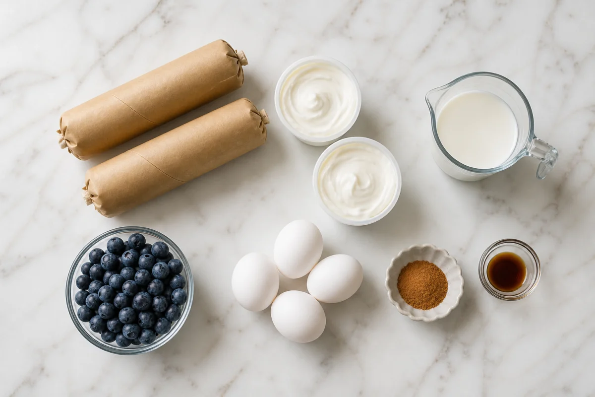 Ingredients for blueberry cinnamon roll casserole including refrigerated cinnamon rolls, icing, blueberries, eggs, milk, cinnamon, and vanilla
