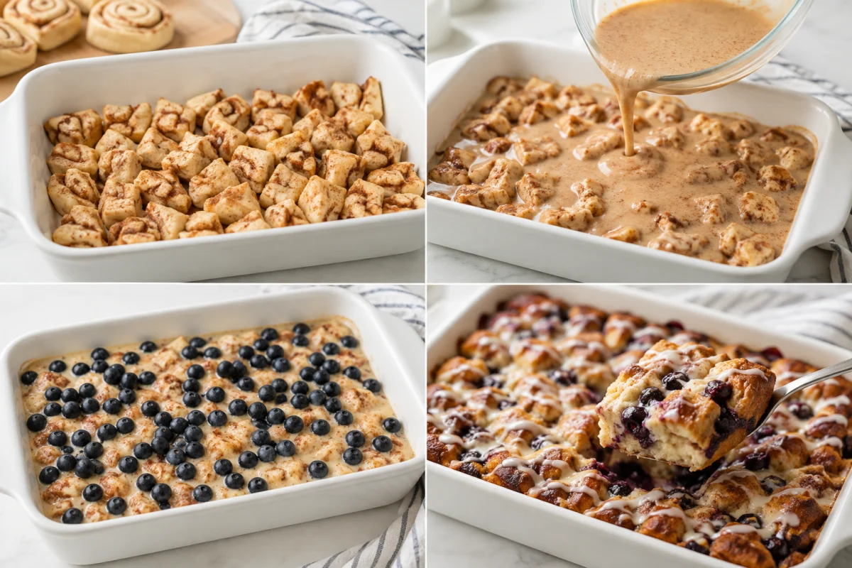 Four stages showing cinnamon rolls quartered in a baking dish, egg custard poured over, blueberries scattered, and baked casserole drizzled with icing