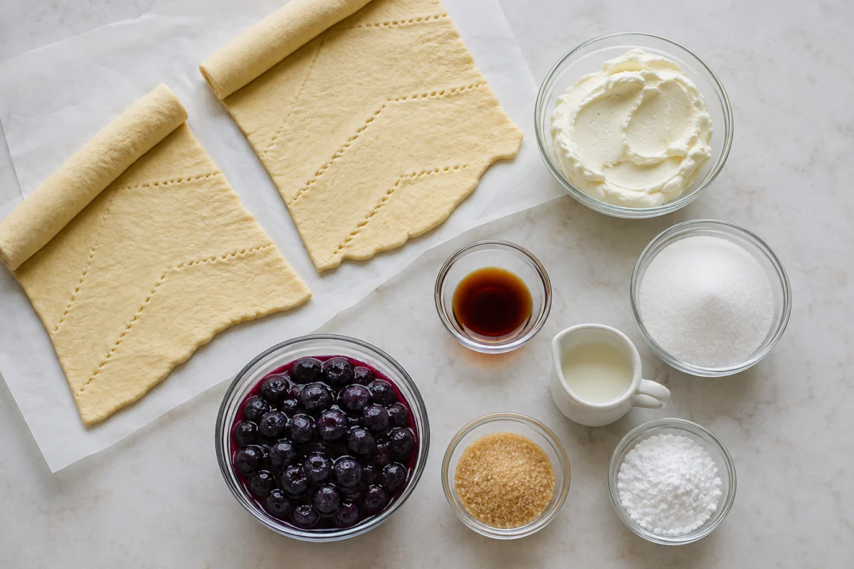 Ingredients for easy blueberry Danish including crescent dough, cream cheese, sugar, vanilla, blueberry filling, turbinado sugar, powdered sugar, and milk