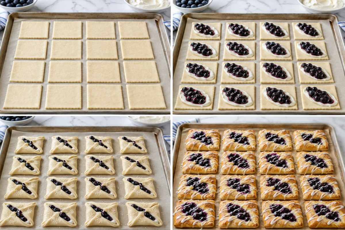 Four stages showing crescent dough squares, cream cheese and blueberry filling added, opposite corners folded, and sixteen golden blueberry danishes glazed