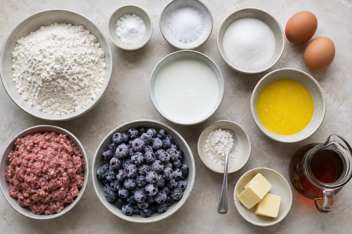 Ingredients for blueberry sausage pancake bake including flour, baking powder, eggs, milk, butter, sausage, frozen blueberries, and maple syrup