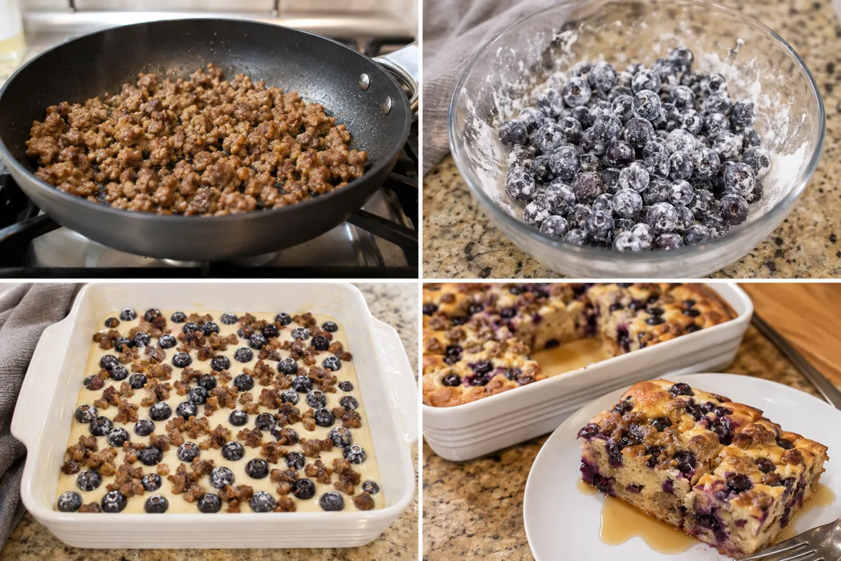 Four stages showing sausage browned, frozen blueberries coated with flour, pancake batter assembled, and the breakfast bake cut into squares