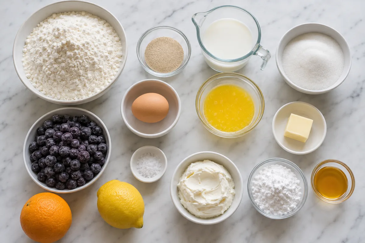 Ingredients for blueberry sweet rolls with bread flour, yeast, warm milk, sugar, egg, butter, salt, blueberries, citrus, cream cheese, powdered sugar, and honey