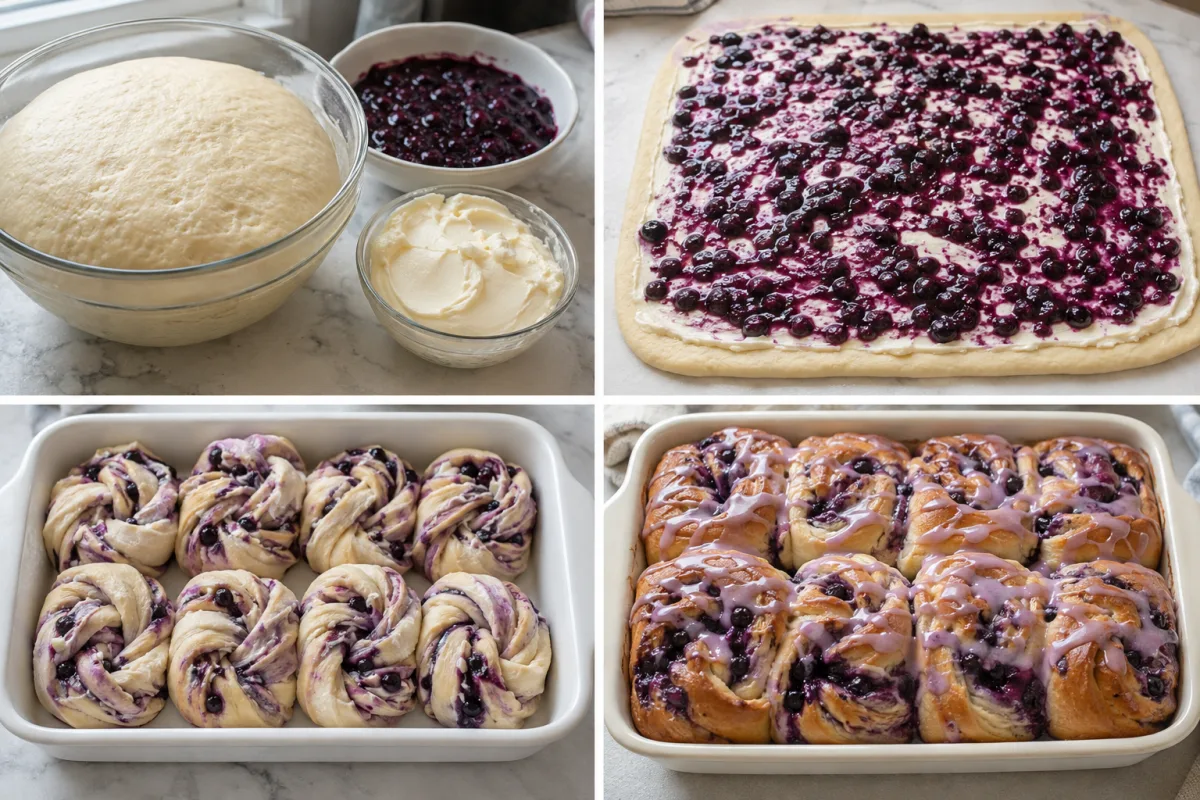 Four stages showing risen sweet-roll dough with blueberry compote and cream cheese, filled dough rectangle, twisted blueberry knots, and golden iced blueberry sweet rolls