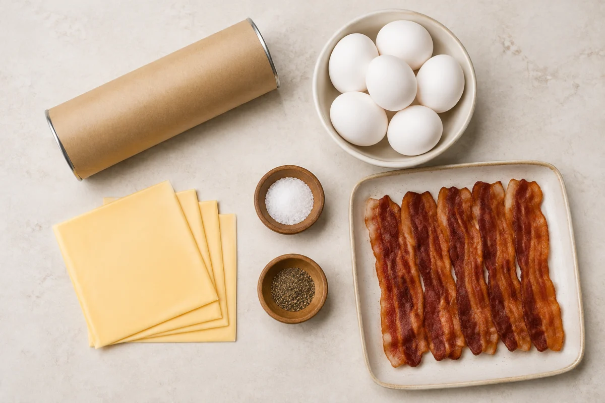 Ingredients for breakfast crescent rolls including refrigerated crescent dough, eggs, cheese, cooked bacon, salt, and black pepper
