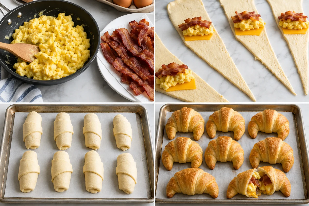 Four stages showing eggs and bacon cooked, crescent triangles filled, eight rolls arranged on parchment, and golden breakfast crescent rolls baked