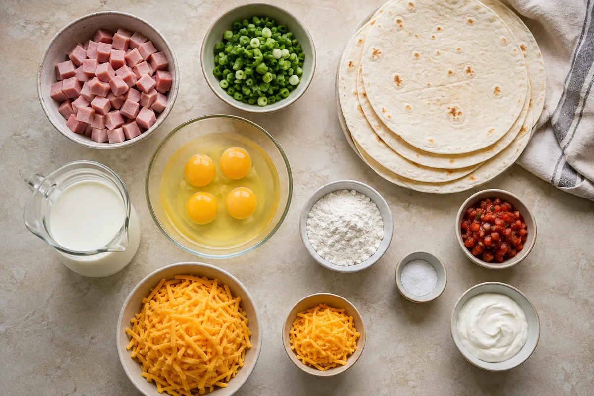 Ingredients for breakfast enchiladas with ham, green onions, cheddar, flour tortillas, eggs, half-and-half, flour, salt, salsa, and sour cream