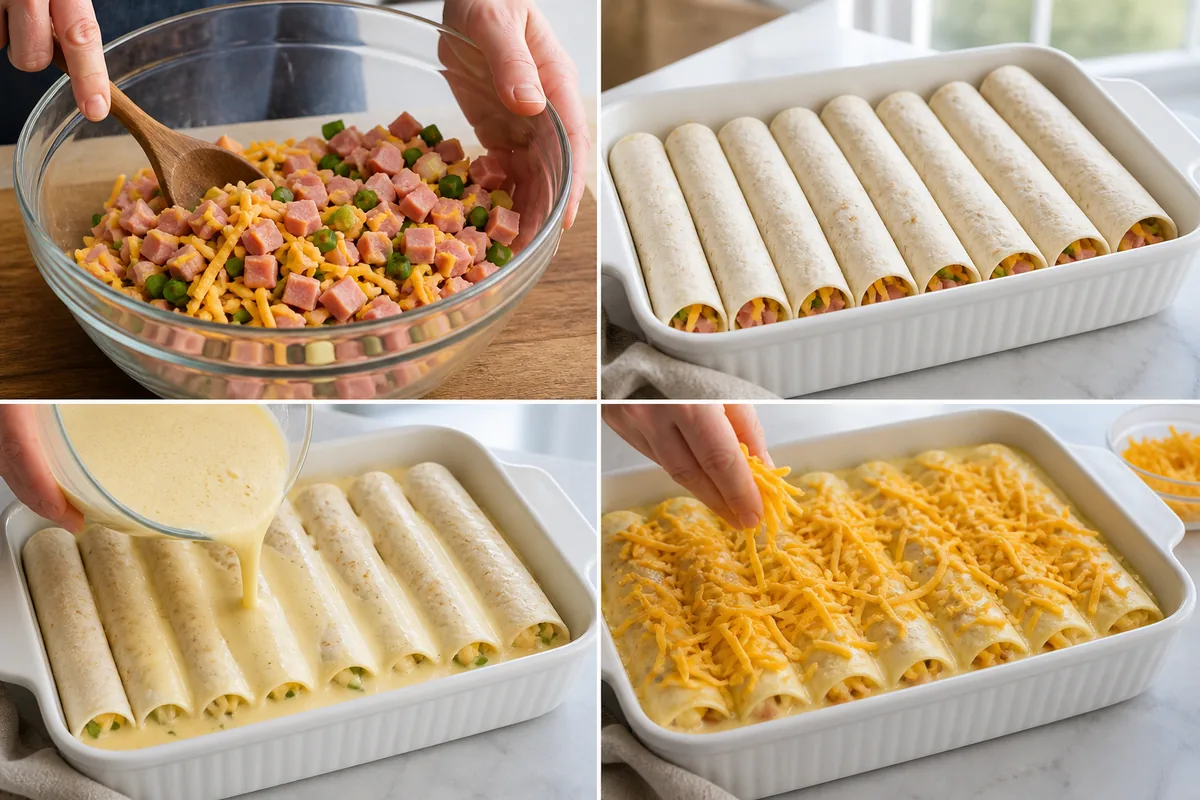 Four stages for breakfast enchiladas: mixing ham and cheddar, rolling tortillas, pouring egg custard, and adding cheese before the final bake