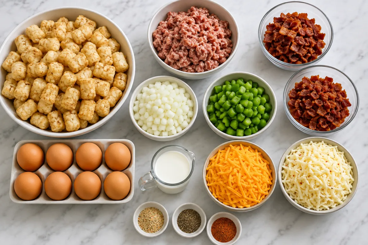 Ingredients for breakfast tater tot casserole with frozen tater tots, sausage, bacon, eight eggs, onion, green pepper, milk, cheddar, pepper jack, and seasonings